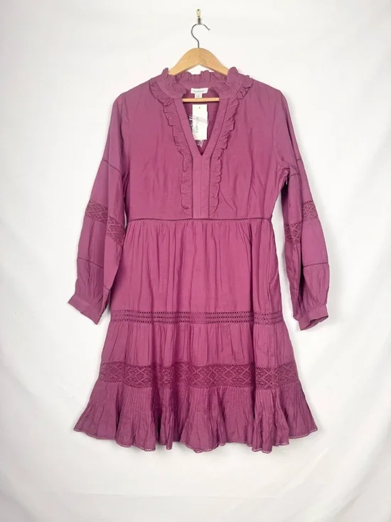 Sundance Ruffled Boho Cottage Style V-Neck Long-Sleeve Dress in Plum Mauve Sz S - Picture 2 of 10